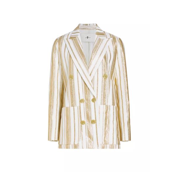 7 For All Mankind Women’s Shine Gold Cream Striped Double Breasted Blazer L - Picture 7 of 16